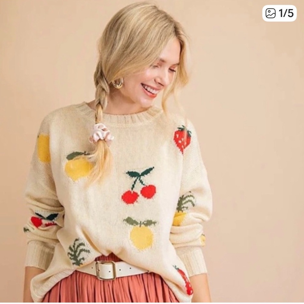 KORI‎ Fruit Sweater Cherry Lemon Strawberry Size Medium NWT